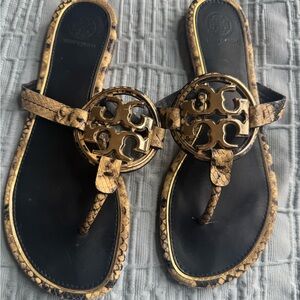 Tory Burch Black and Tan Sandals with Iconic Medallion